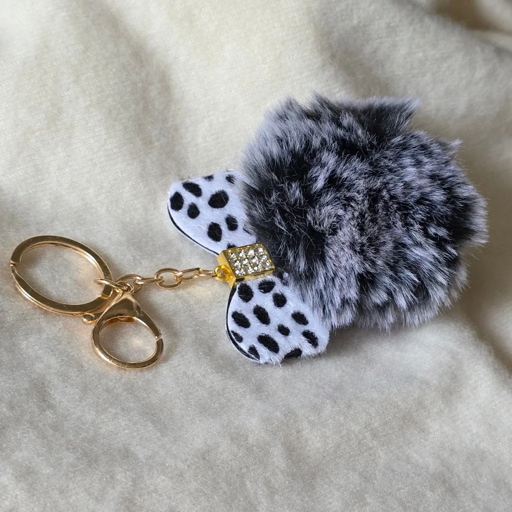 Faux Fur Pom Pom Keychain Dalmatian Print Bow Gold Bag Charm Grey Black Spotted